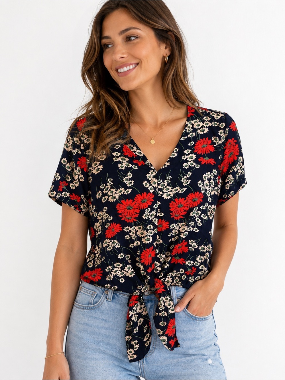 Madewell XS Floral Tie Front Blouse Navy Red White 100% Viscose Short Sleeve